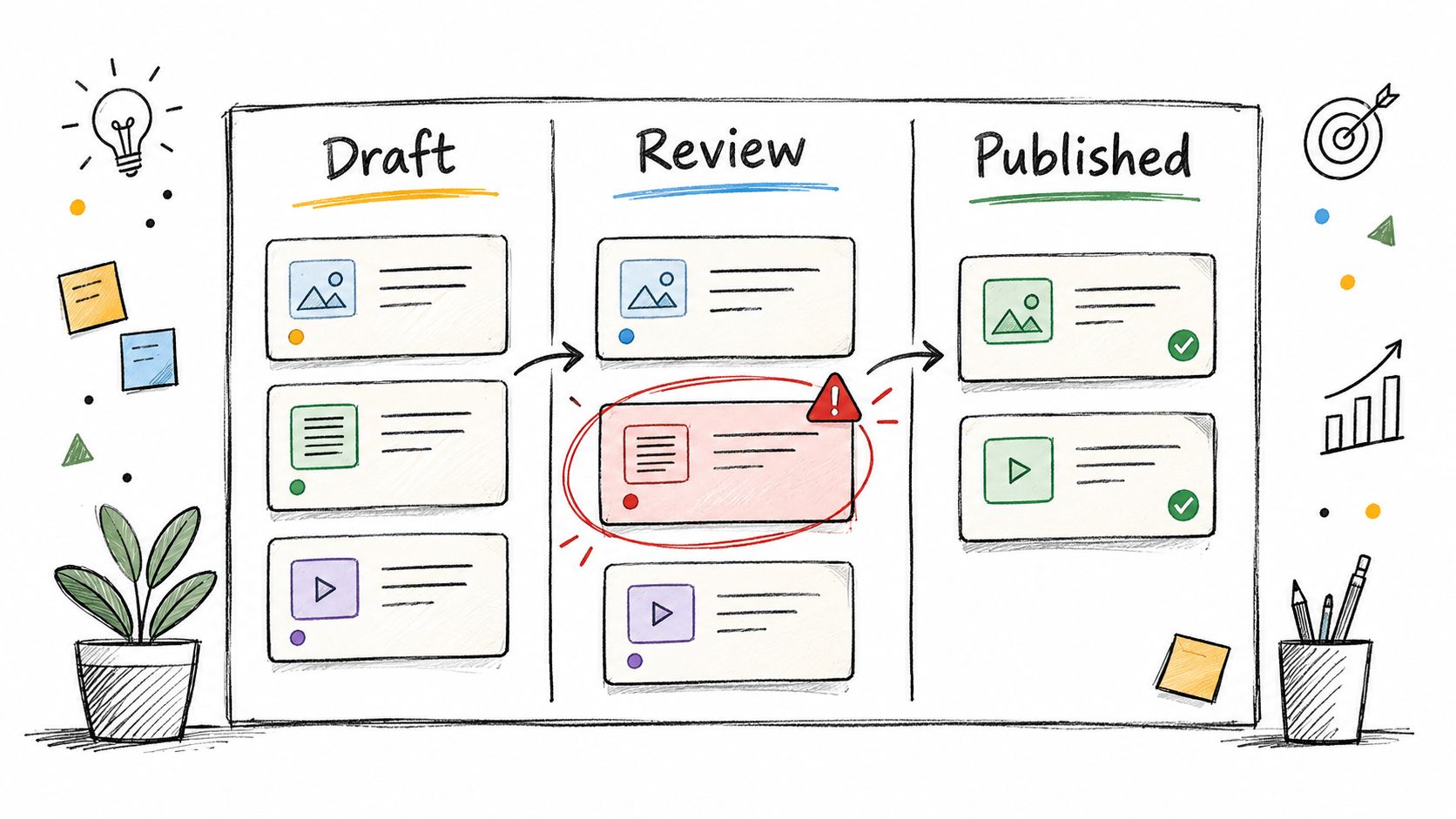 A hand-drawn whiteboard illustrating a project management workflow with three columns labeled Draft, Review, and Published.