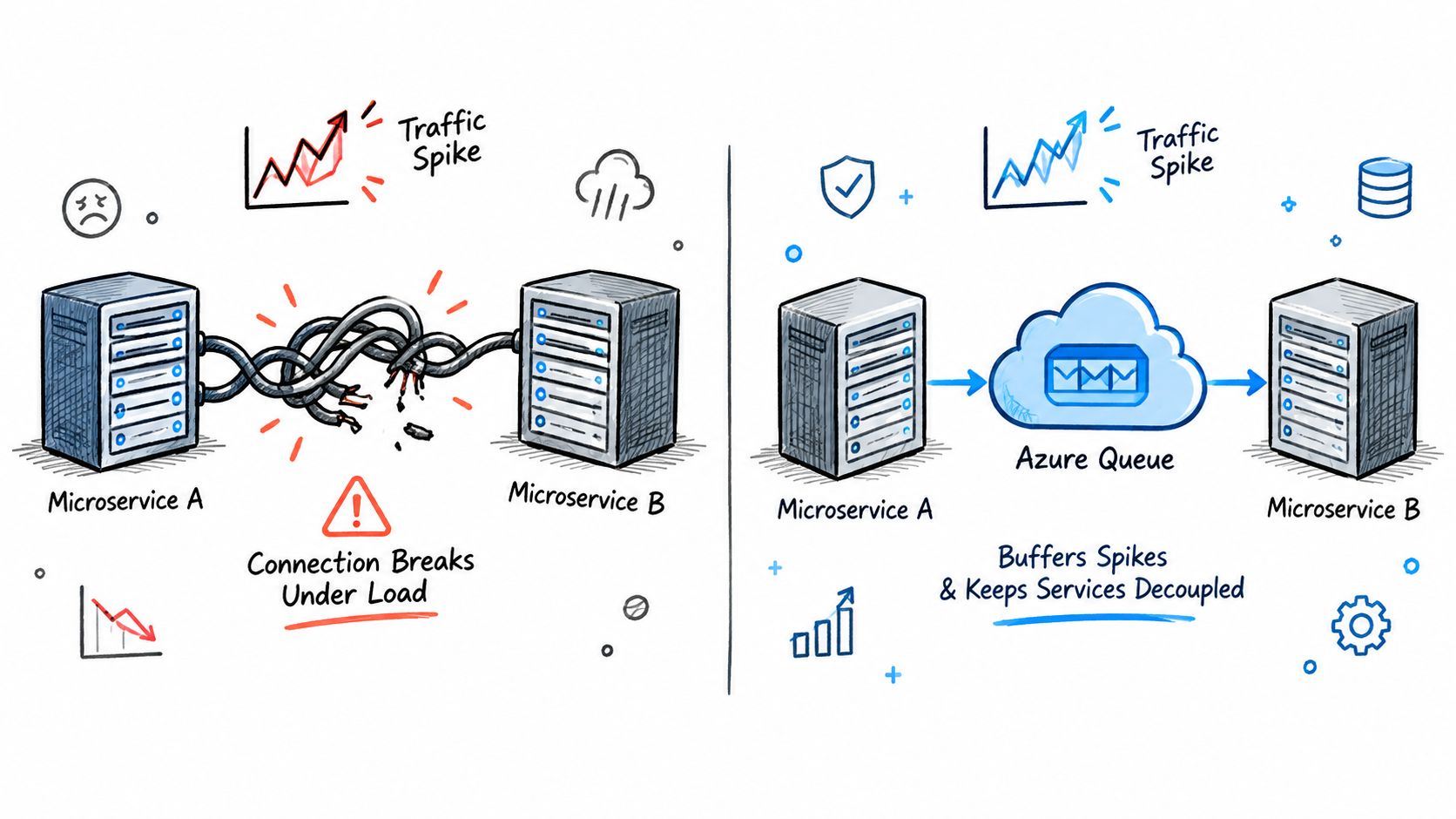A diagram illustrating how an Azure message queue buffers traffic spikes to decouple two microservices.