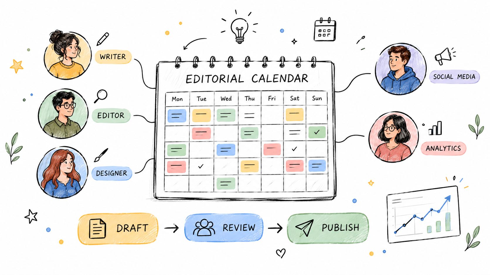 An illustrated editorial calendar showing team roles including writers, editors, and designers managing content workflow tasks.