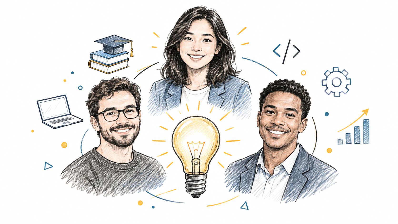 A digital illustration featuring three diverse professional people surrounded by symbolic icons representing education, technology, and growth.