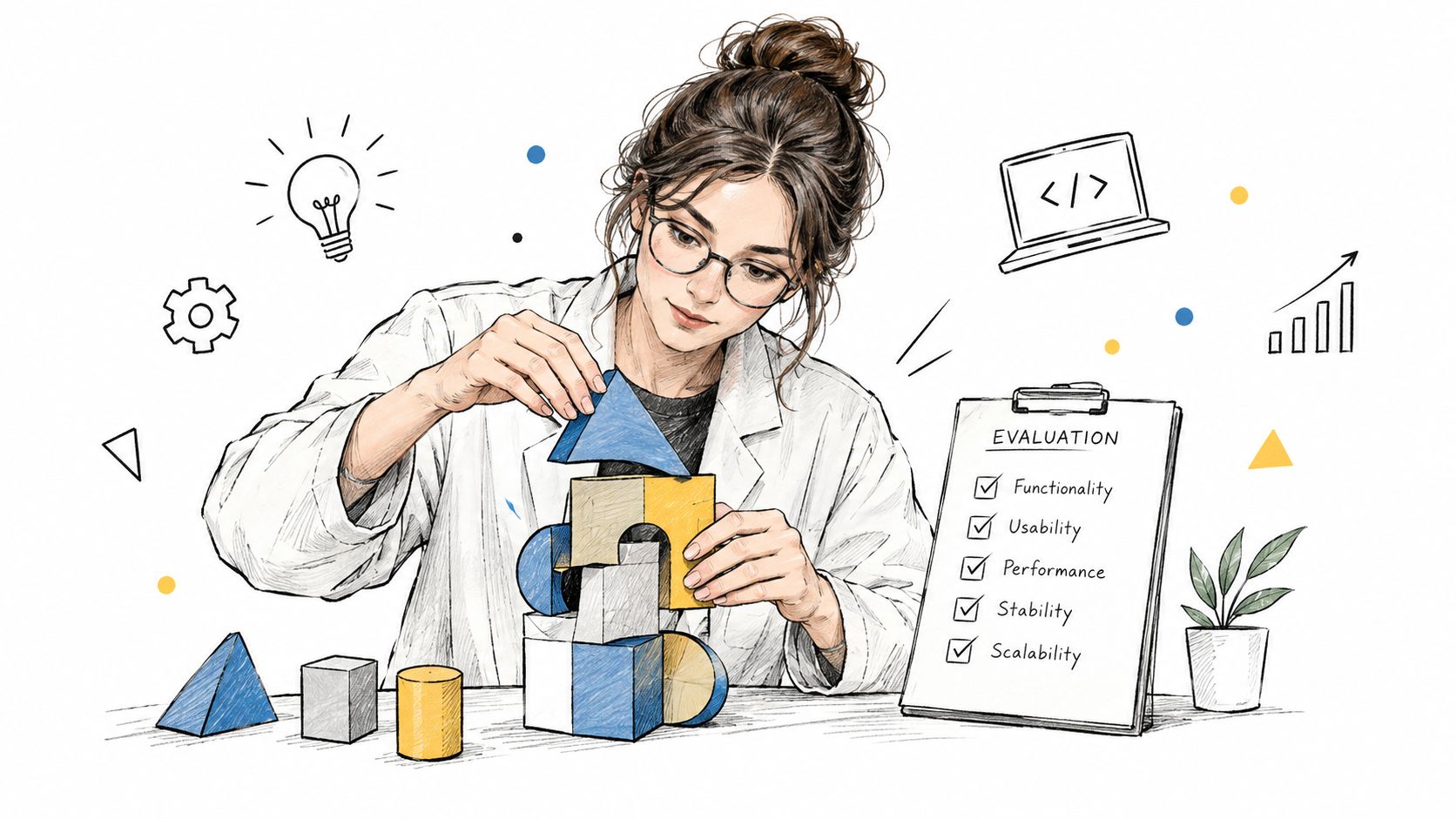 A professional woman in a lab coat building with geometric blocks alongside an evaluation checklist for software.