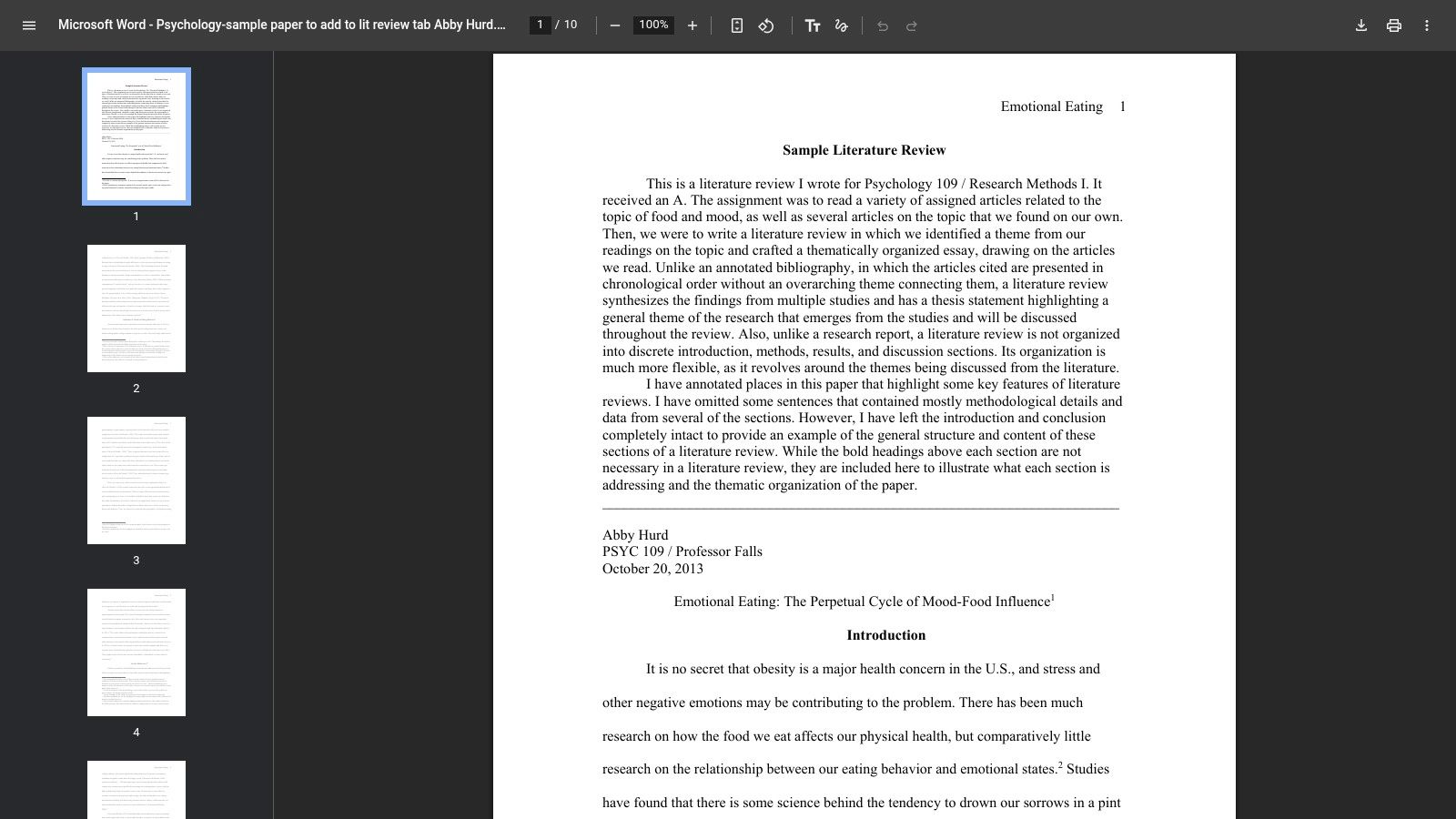 University of Vermont psychology literature review sample