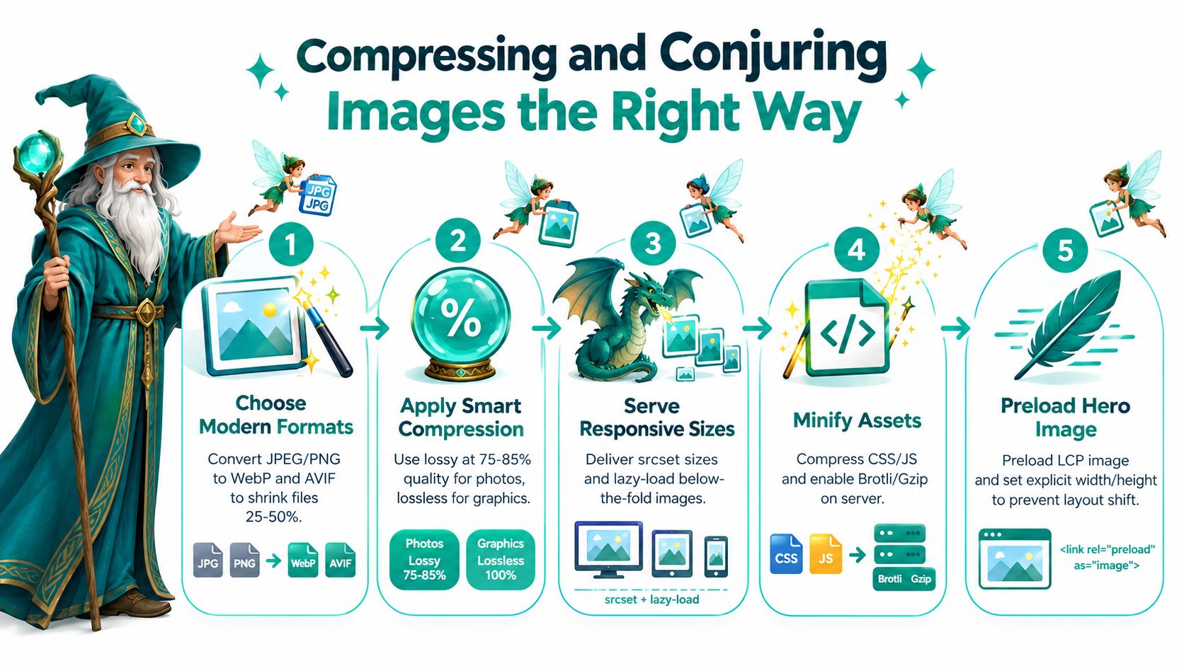 A wizard infographic illustrating five essential steps to compress and optimize images for improved website performance.