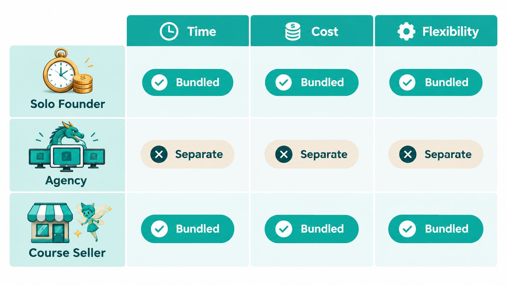A comparison chart showing how different business models handle time, cost, and flexibility for digital services.