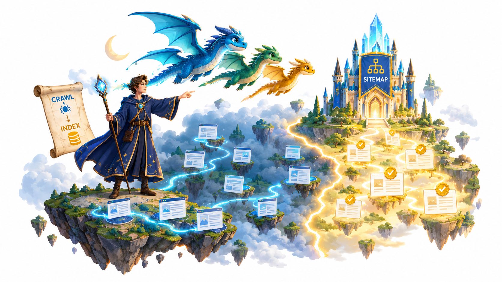 A fantasy wizard directing dragons to organize floating web pages into a golden sitemap castle for SEO.