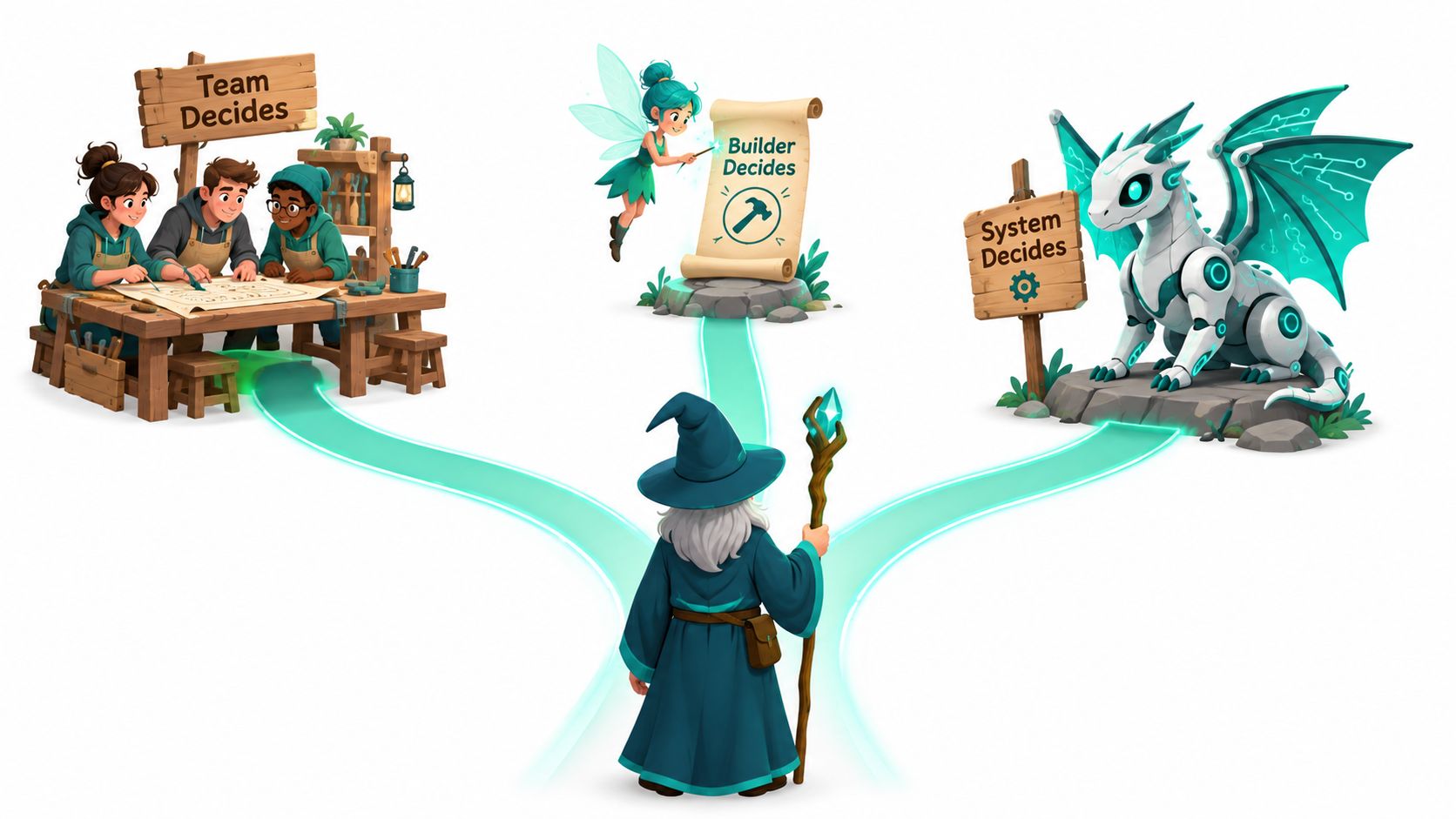 A wizard stands before three paths representing decision-making processes for design: team, builder, and automated system.