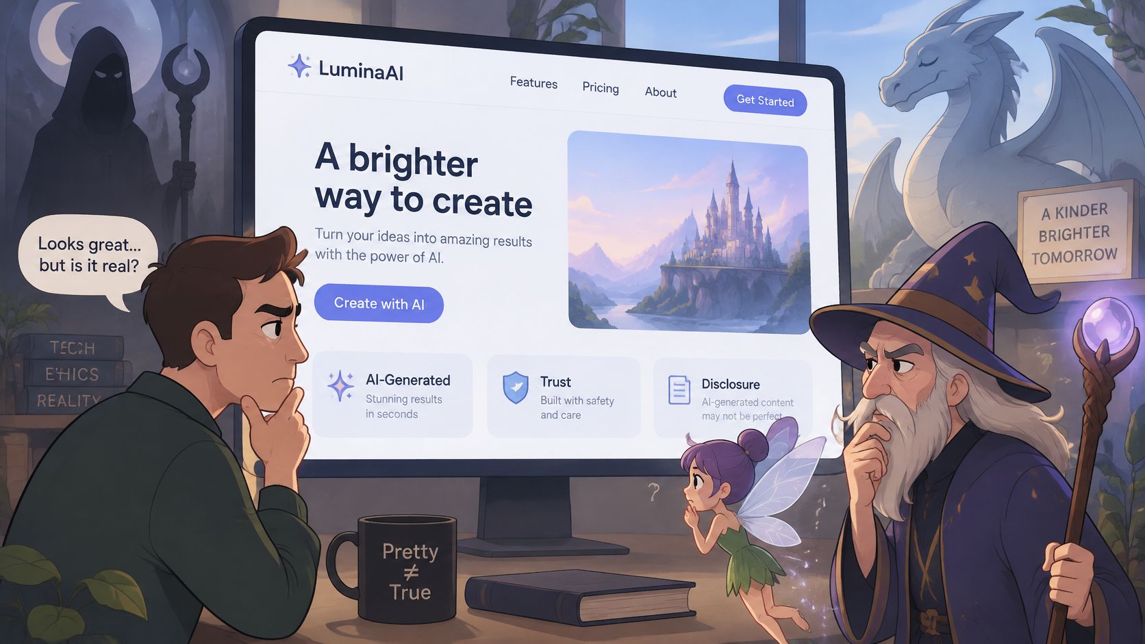 A modern man and a fantasy wizard contemplating an AI landing page design on a computer screen.