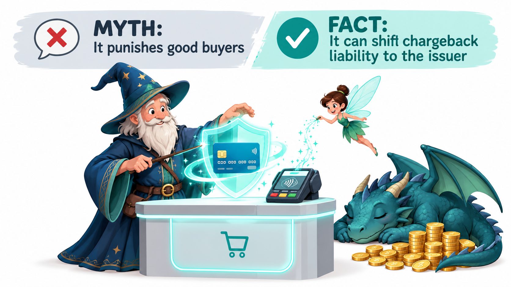 A wizard and a fairy protecting a credit card during a secure transaction with a dragon nearby.