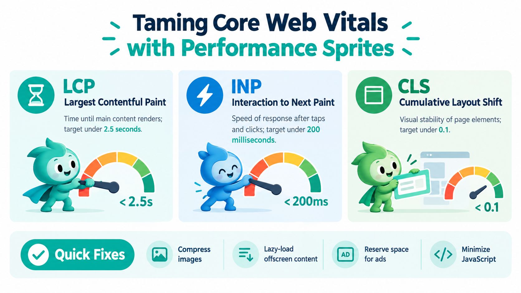 An infographic explaining Core Web Vitals, including LCP, INP, and CLS metrics, with performance optimization tips.