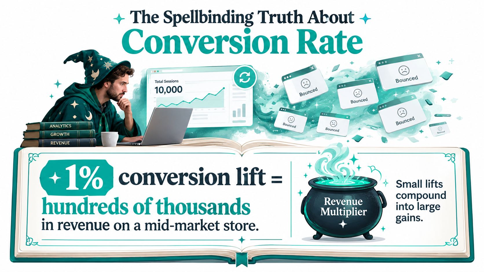 A wizard illustration explaining that a small 1% conversion rate lift leads to significant revenue gains.