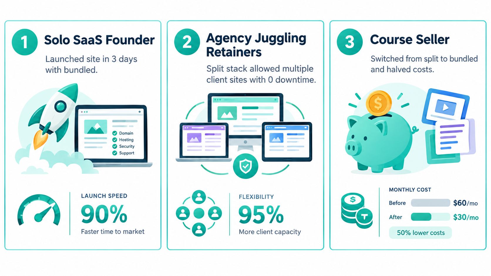 A three-part infographic showing success stories for a SaaS founder, agency retainer management, and course seller.