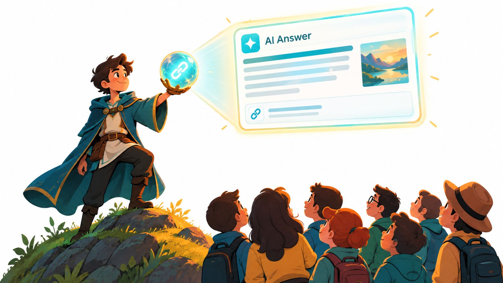 An illustration of a young wizard presenting an AI search answer to a group of curious students.