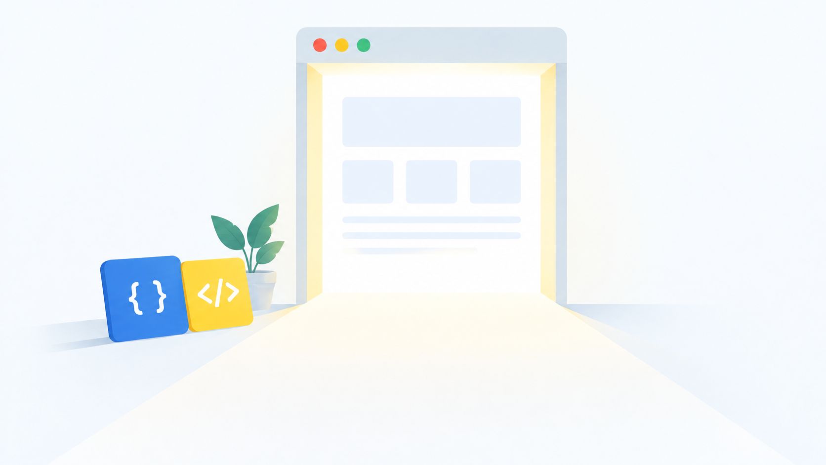 A 3D stylized representation of a computer screen interface, code symbols, and a small potted plant.