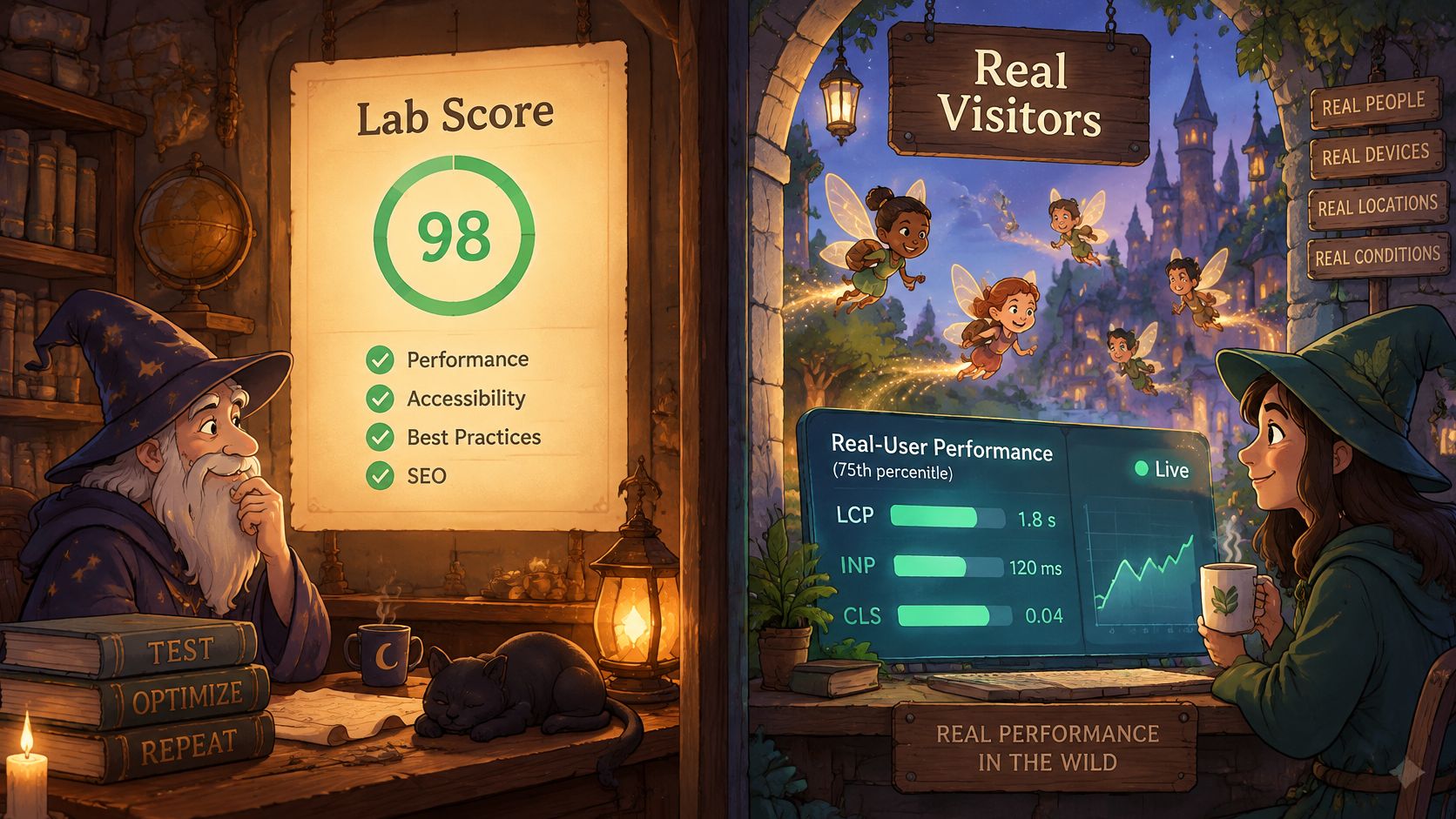 A fantasy wizard and witch illustrate web performance metrics like lab scores and real user data.