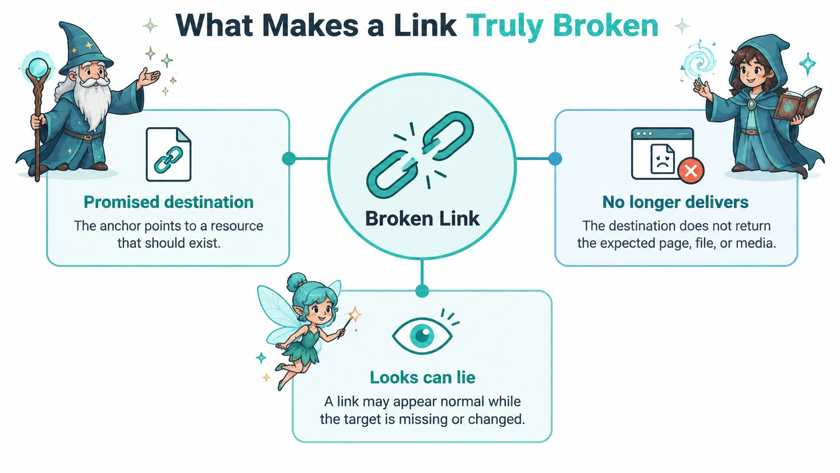 An infographic titled What Makes a Link Truly Broken, illustrated with a wizard, fairy, and student character.