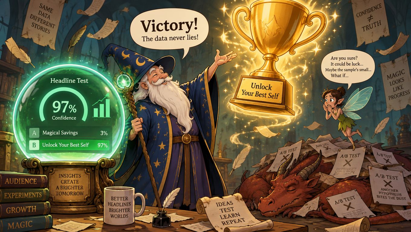 A wizard holding a trophy representing a successful A/B test with a fairy questioning the results.