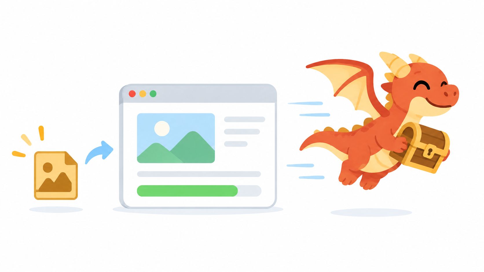 A cartoon red dragon carrying a treasure chest away from a browser window displaying image optimization progress.