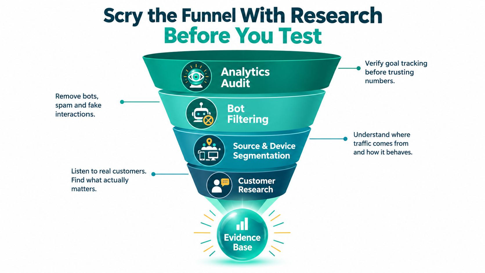 A marketing funnel diagram showing four research steps for optimizing website conversion rates before A/B testing.