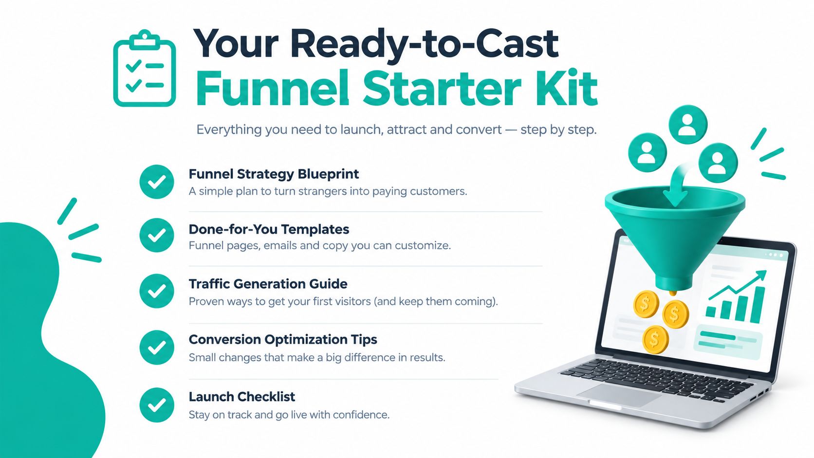 A digital graphic promoting a Funnel Starter Kit including strategy, templates, traffic guide, optimization tips, and launch checklist.