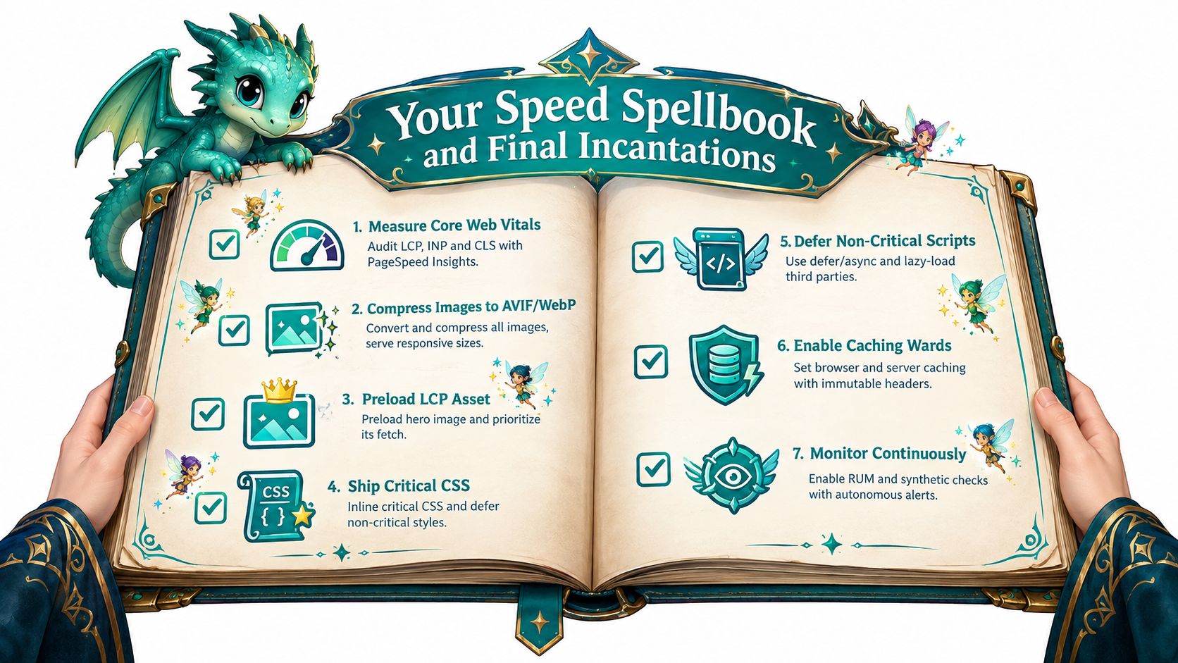 An illustrated fantasy-style book titled Your Speed Spellbook displaying seven steps to optimize website performance.