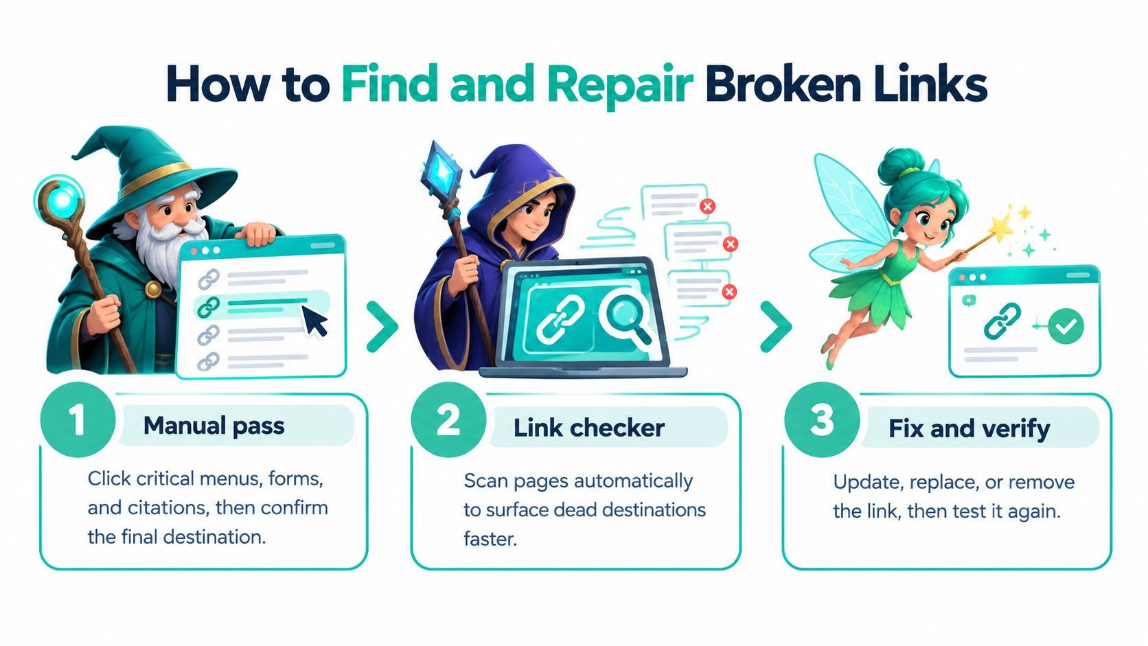 An infographic showing a three-step guide to finding and repairing broken links using fantasy characters.