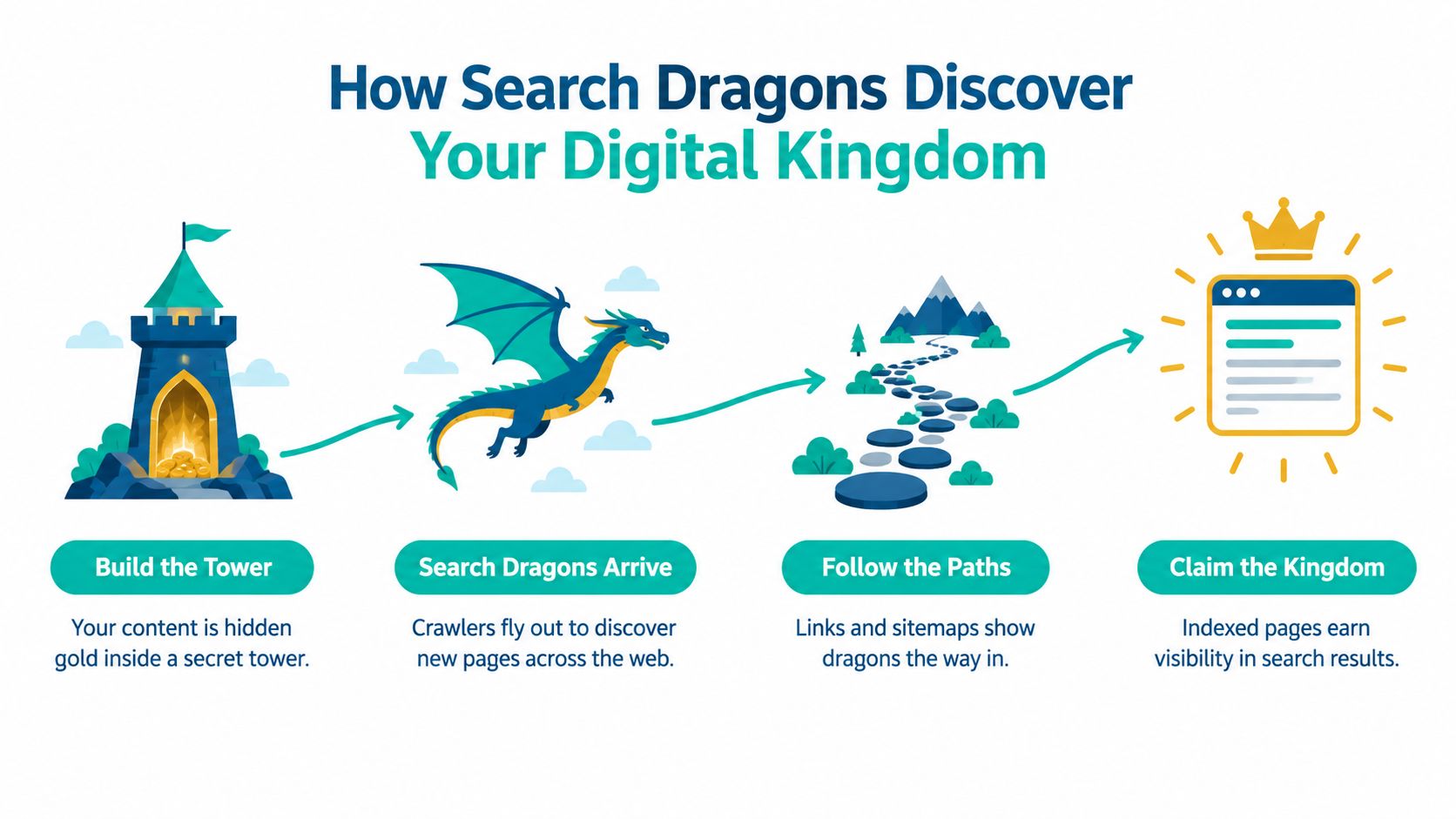 A diagram illustrating the SEO process of crawling and indexing represented as a dragon discovering a digital tower.
