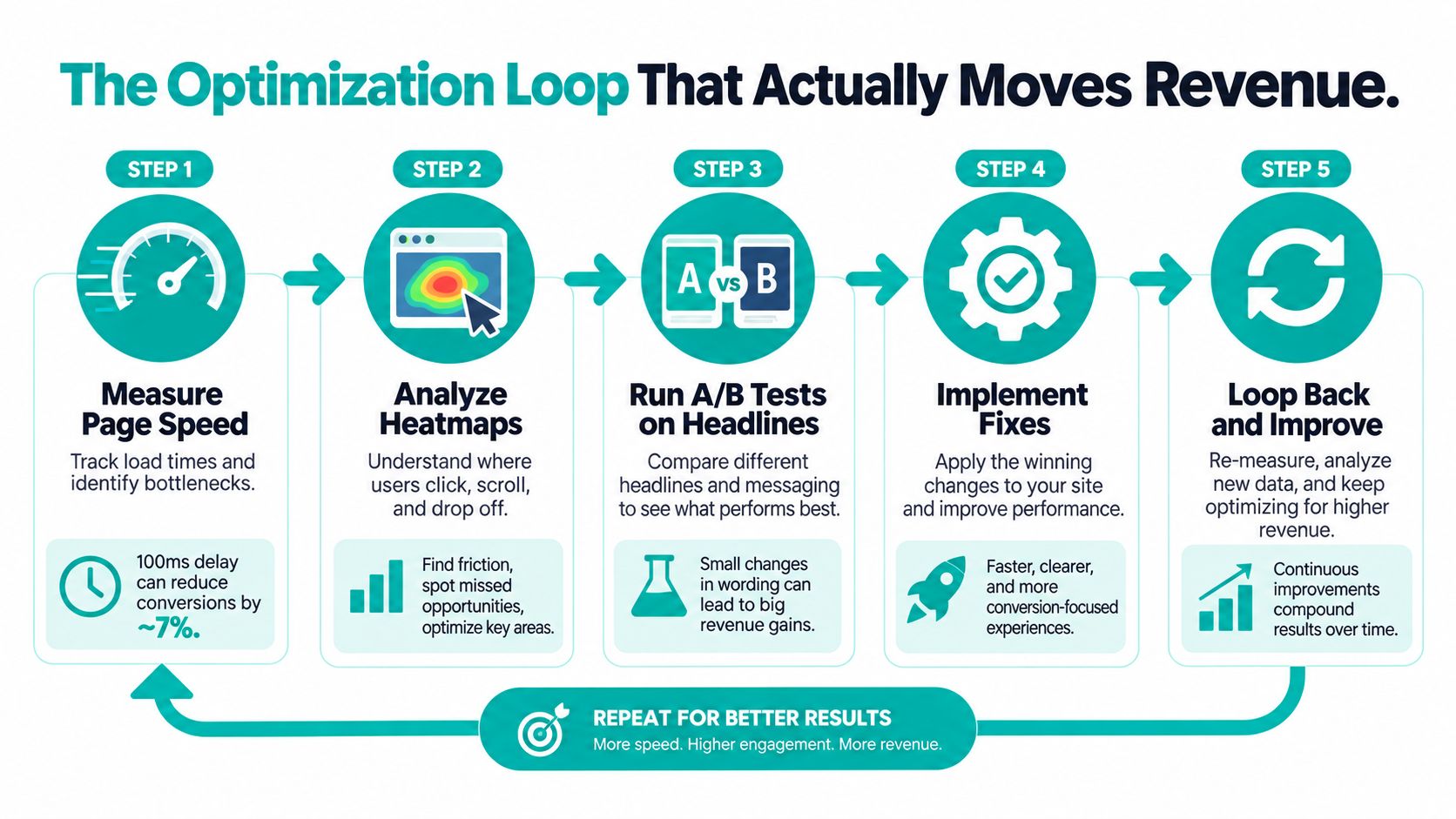 A five-step flowchart infographic illustrating the optimization loop process to increase website revenue through performance testing.