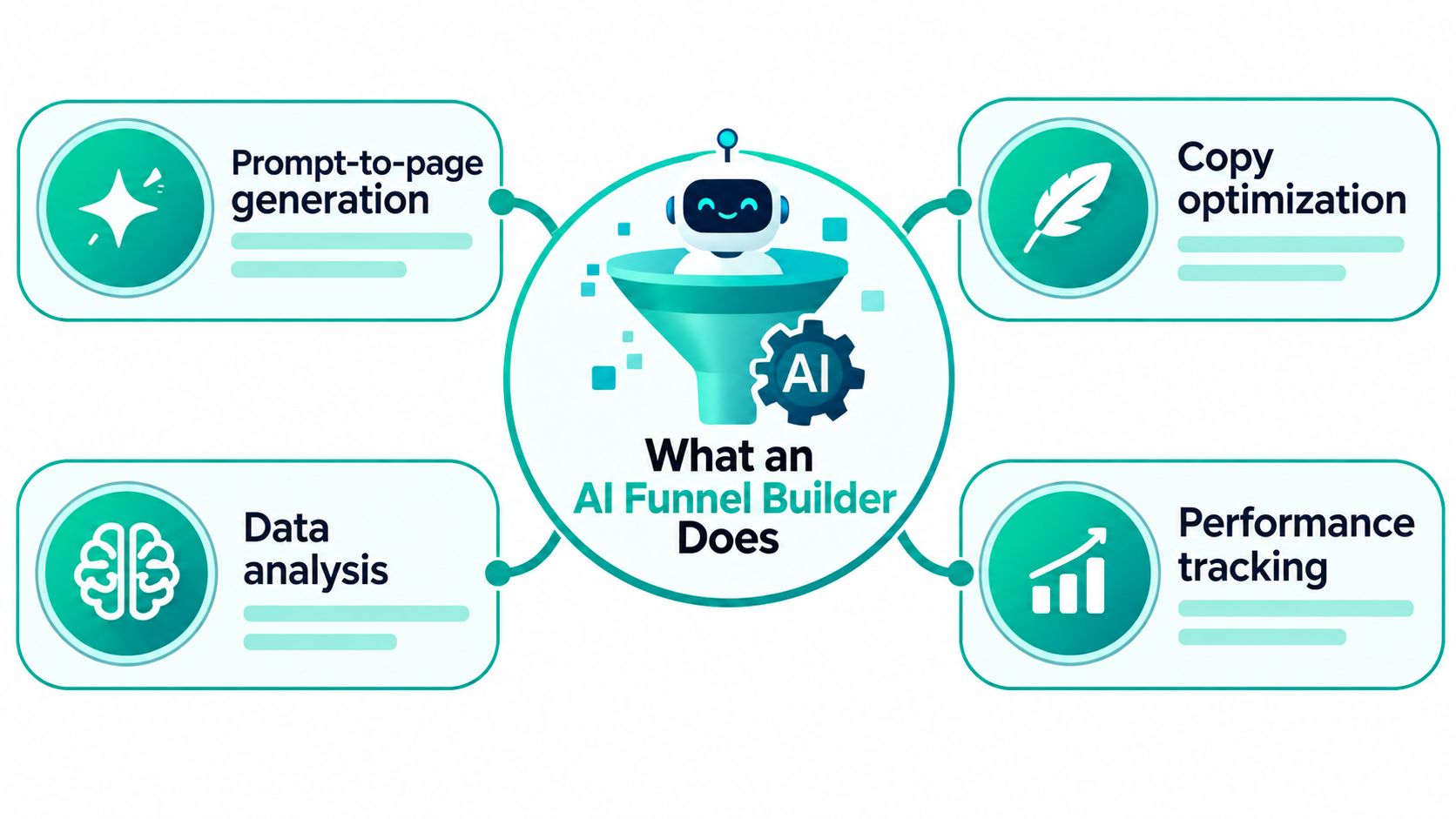 A diagram illustrating the functions of an AI funnel builder, including prompt-to-page generation, copy optimization, data analysis, and performance tracking.