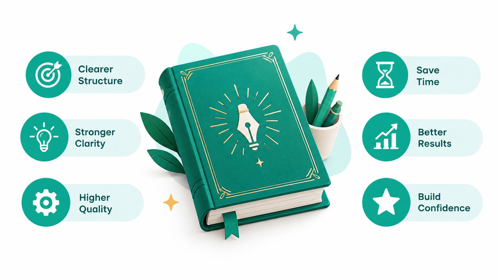 A 3D render of a green book surrounded by icons representing content editing and writing benefits.