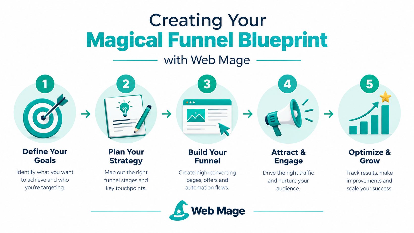 A five-step infographic showing how to create a magical sales funnel strategy with Web Mage services.