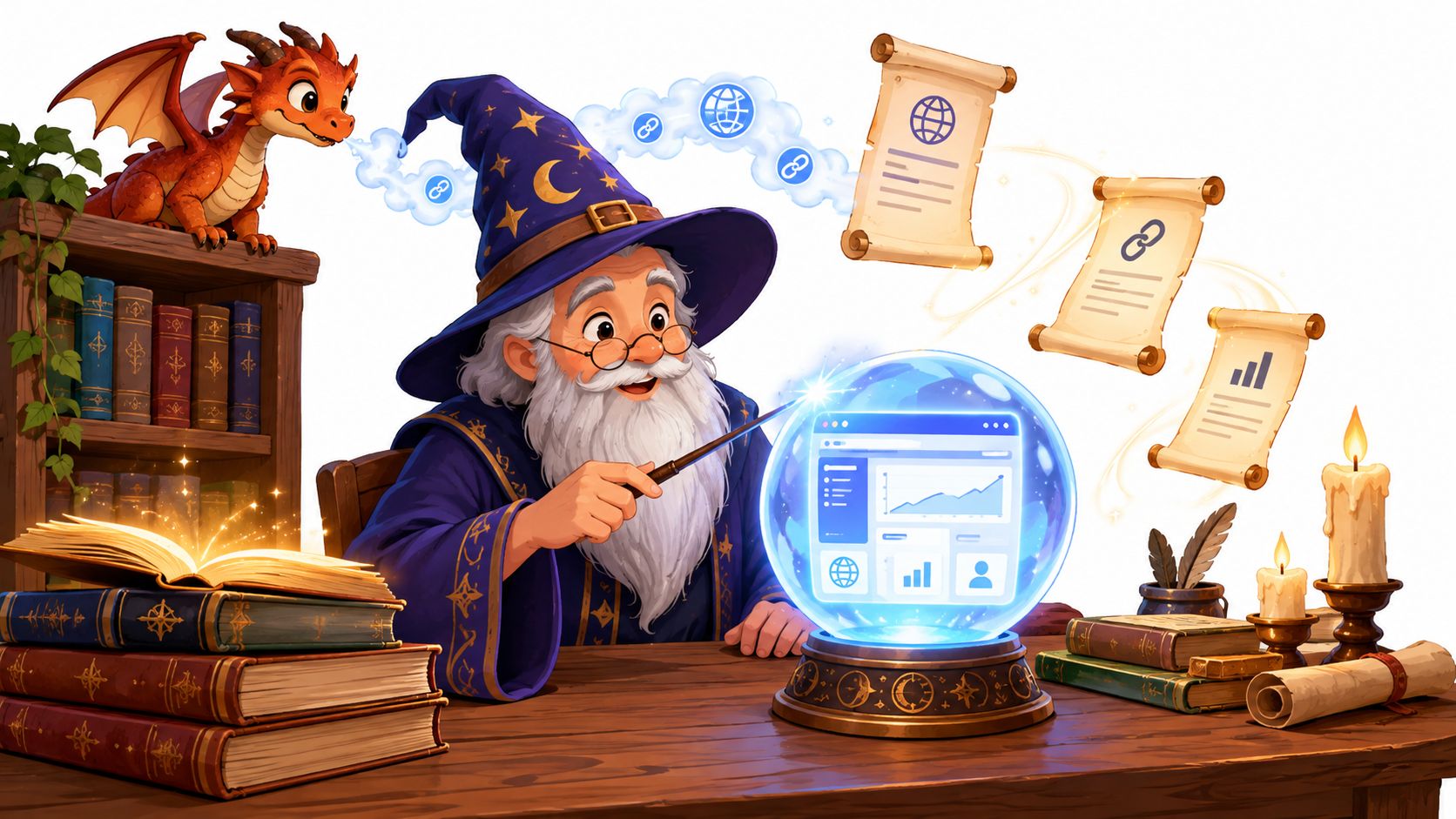 A wizard using a crystal ball showing website analytics while a small dragon watches him at work.