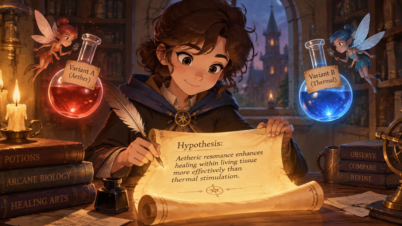 A young fantasy researcher comparing two magical potions labeled Aether and Thermal while writing a scientific hypothesis.