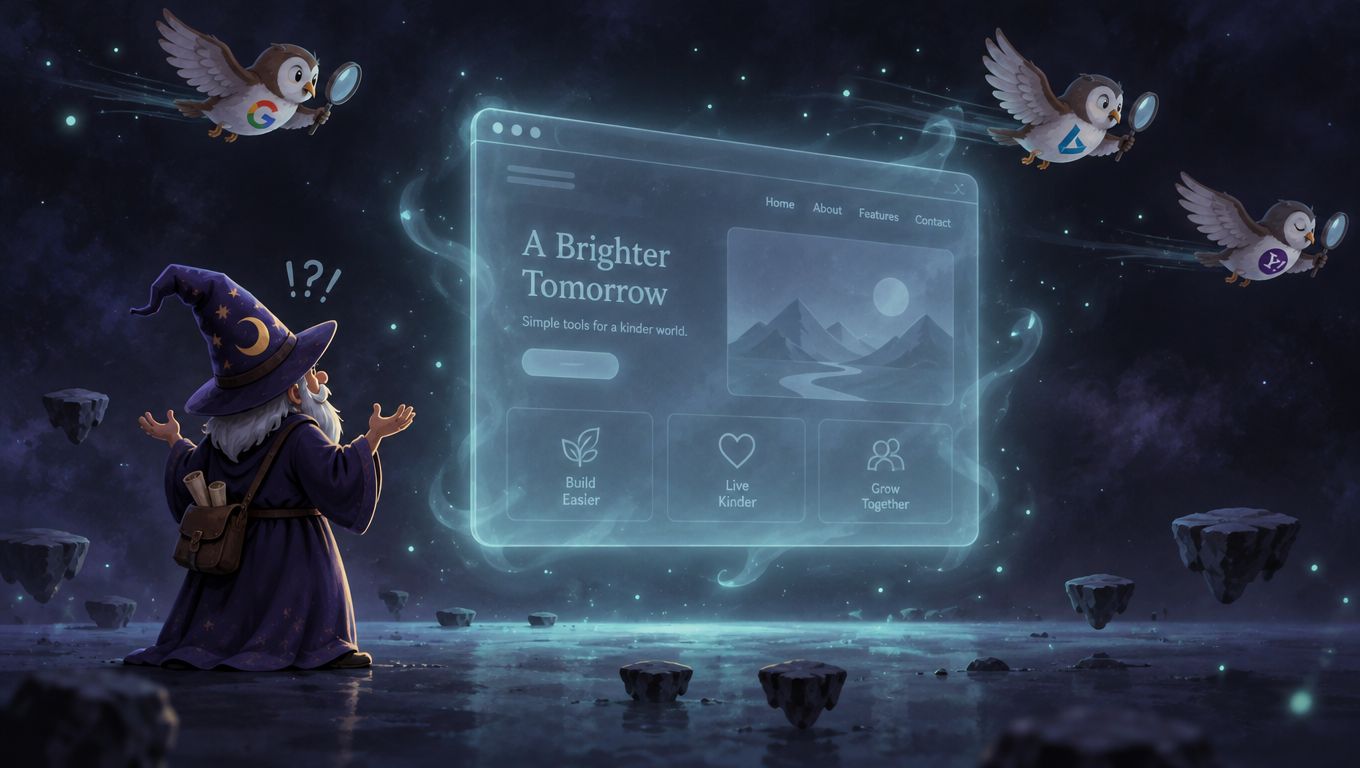 A fantasy wizard looking at a glowing, transparent website interface floating in a cosmic space setting.