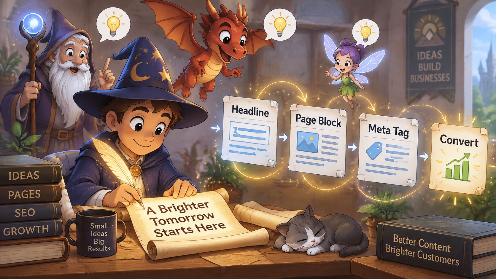 A young wizard writing on a scroll with magical elements illustrating the content marketing and conversion process.