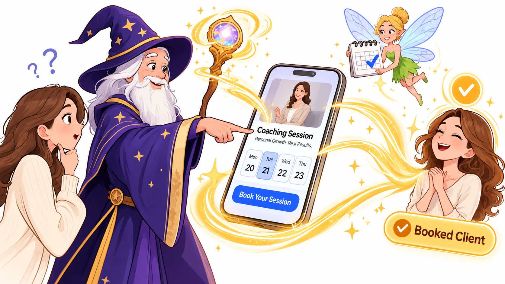 A wizard uses magic to help a woman book a coaching session on a smartphone app.