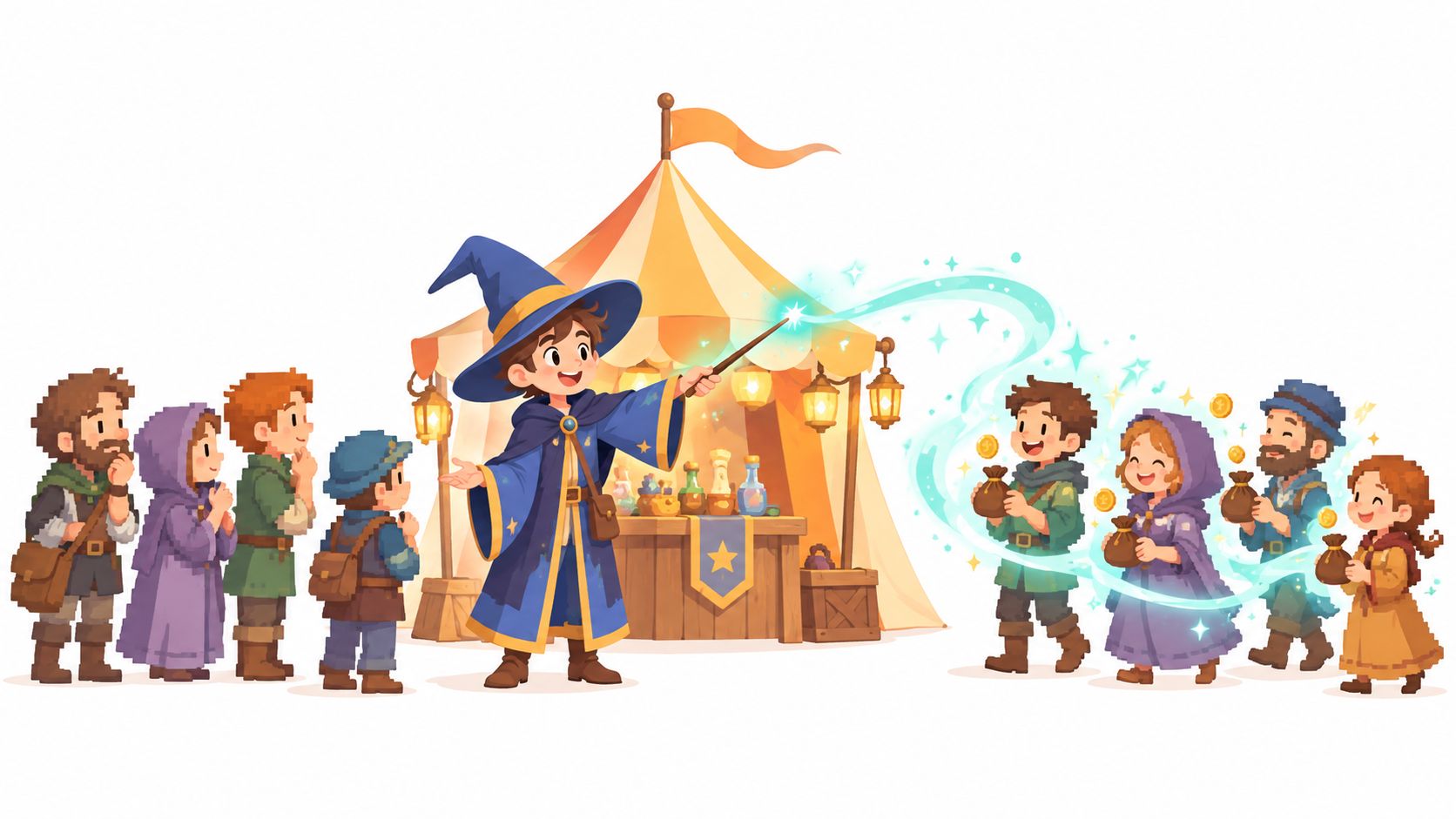 A wizard character uses magic to gift bags of coins to happy villagers at a festival tent.