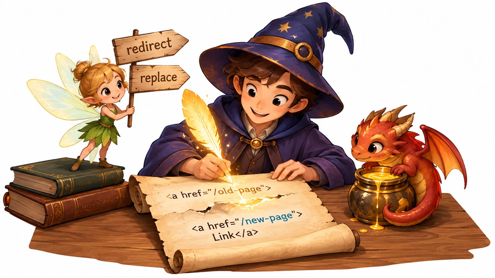 A fantasy wizard, a fairy, and a small dragon editing broken website HTML links on a parchment scroll.