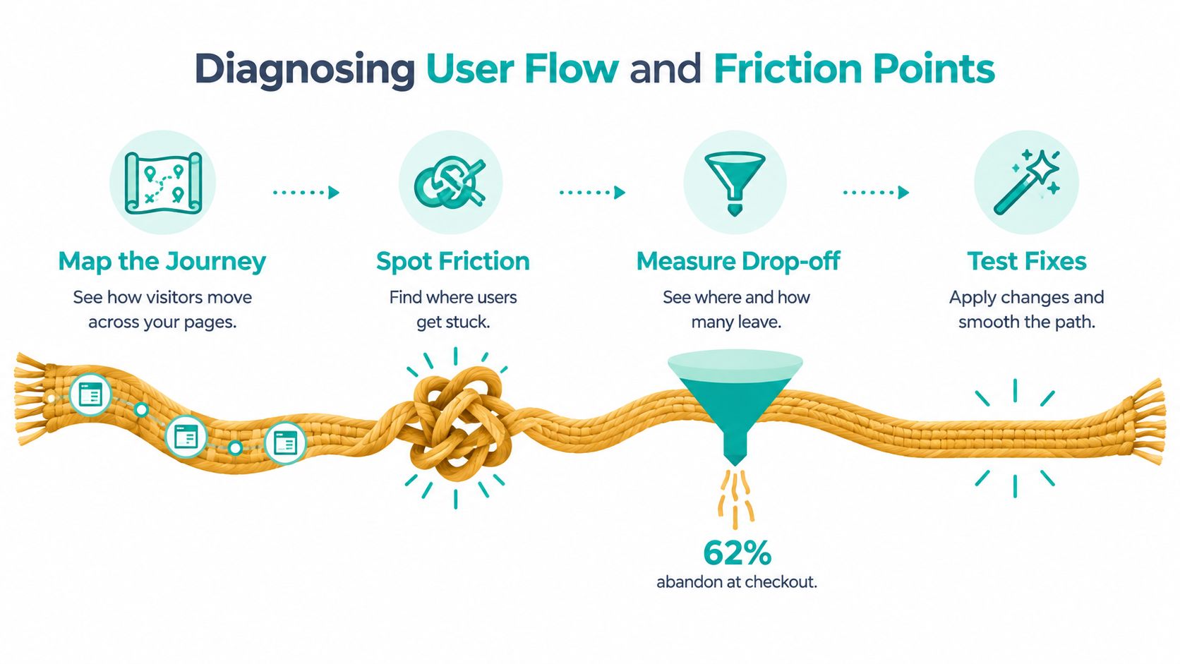 A diagram illustrating the four steps to diagnose user flow and friction points in a website journey.