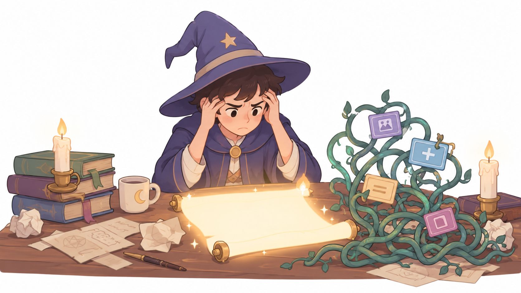 A young wizard looking stressed while working on a glowing magical scroll surrounded by tangled vines.