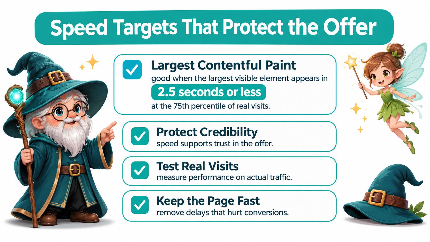 A wizard and a fairy illustration explaining web speed targets for optimizing landing page performance and conversions.