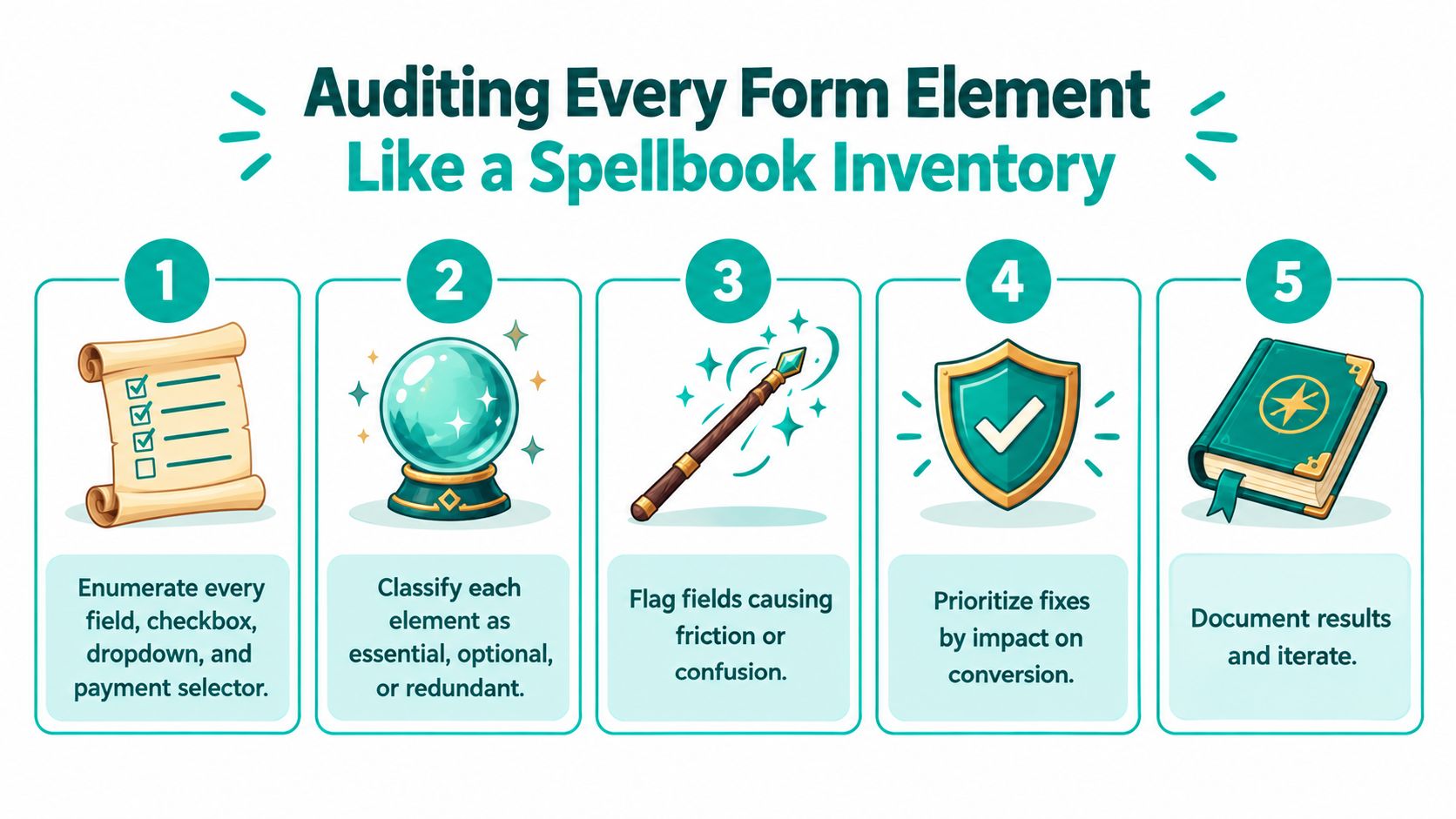 A five-step guide on auditing form elements to optimize conversion rates in a magic-themed infographic.