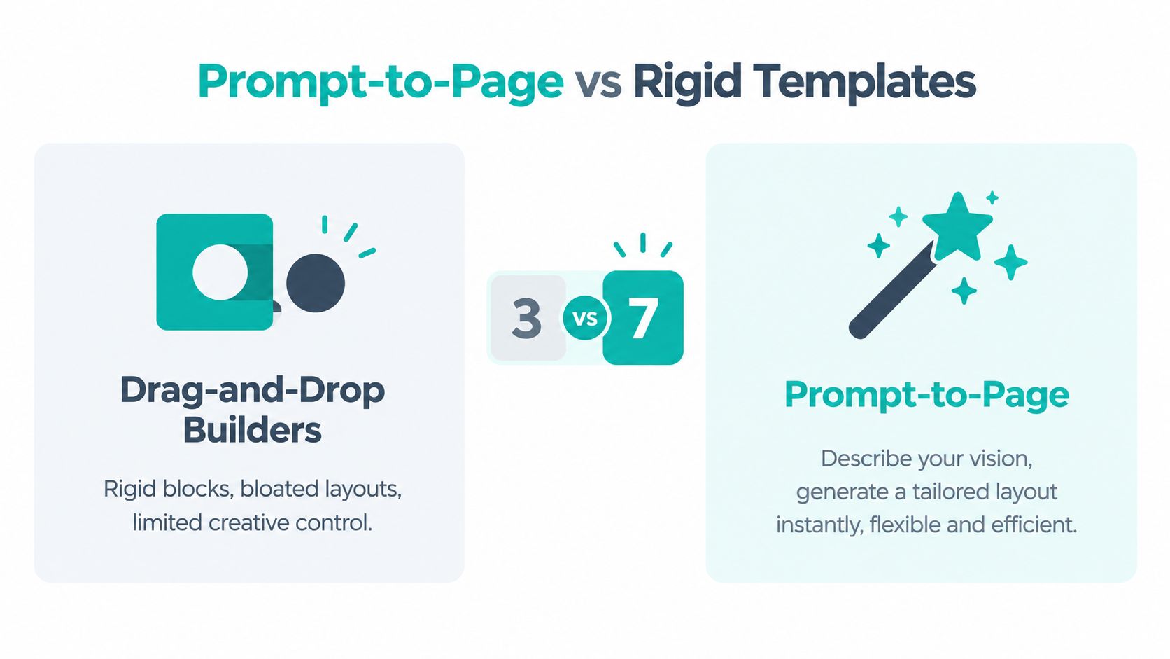 A comparison graphic showing the difference between traditional drag-and-drop builders and modern AI-driven prompt-to-page design tools.
