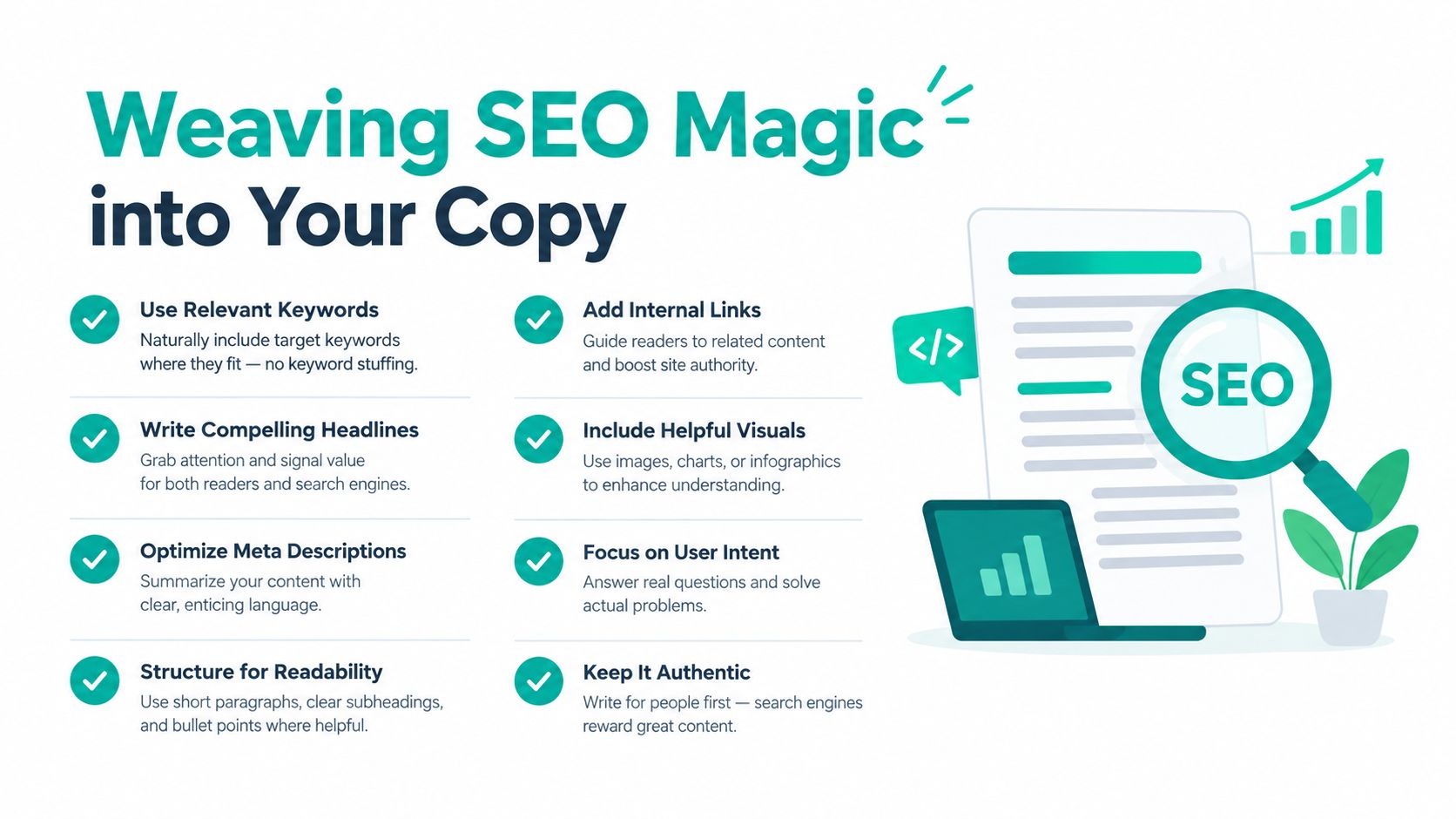 An infographic illustrating eight essential SEO tips for optimizing website copy to improve search engine rankings.