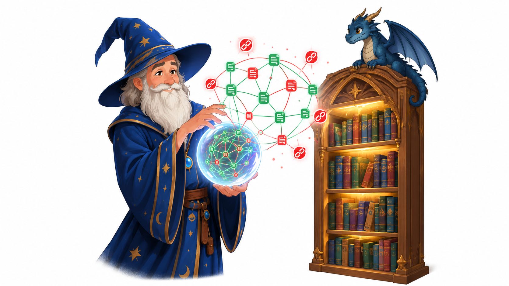 A wizard holding a glowing crystal ball showing a network of links and documents near a bookshelf.