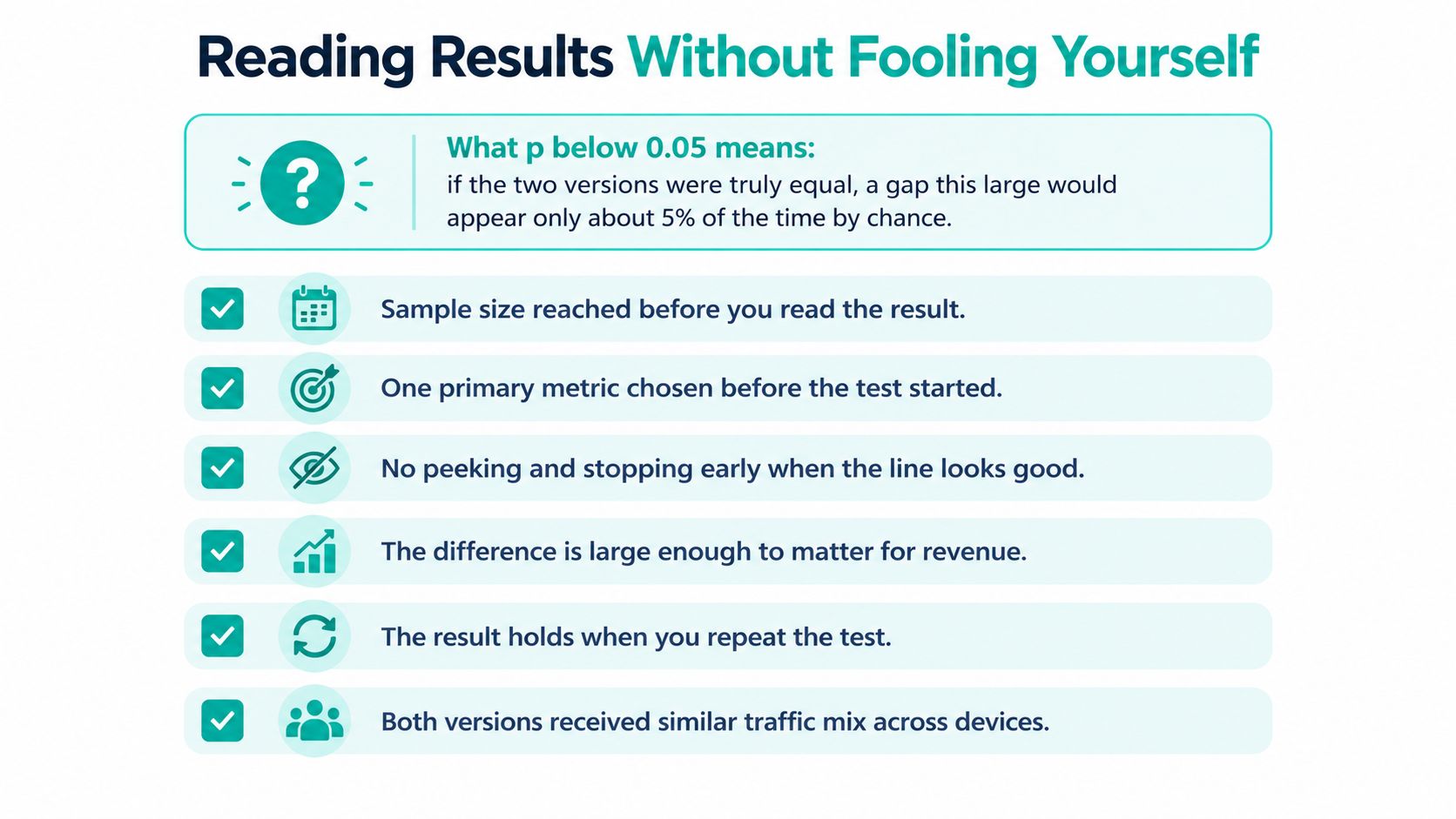An infographic titled Reading Results Without Fooling Yourself explaining A/B testing best practices and p-value significance.