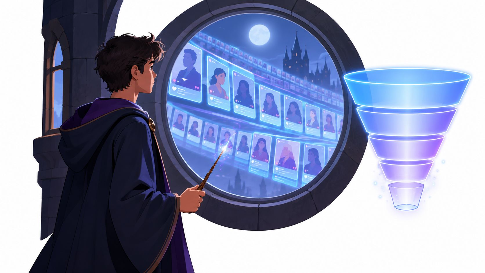 A wizard uses a magic wand to conjure a digital sales funnel featuring profile cards.