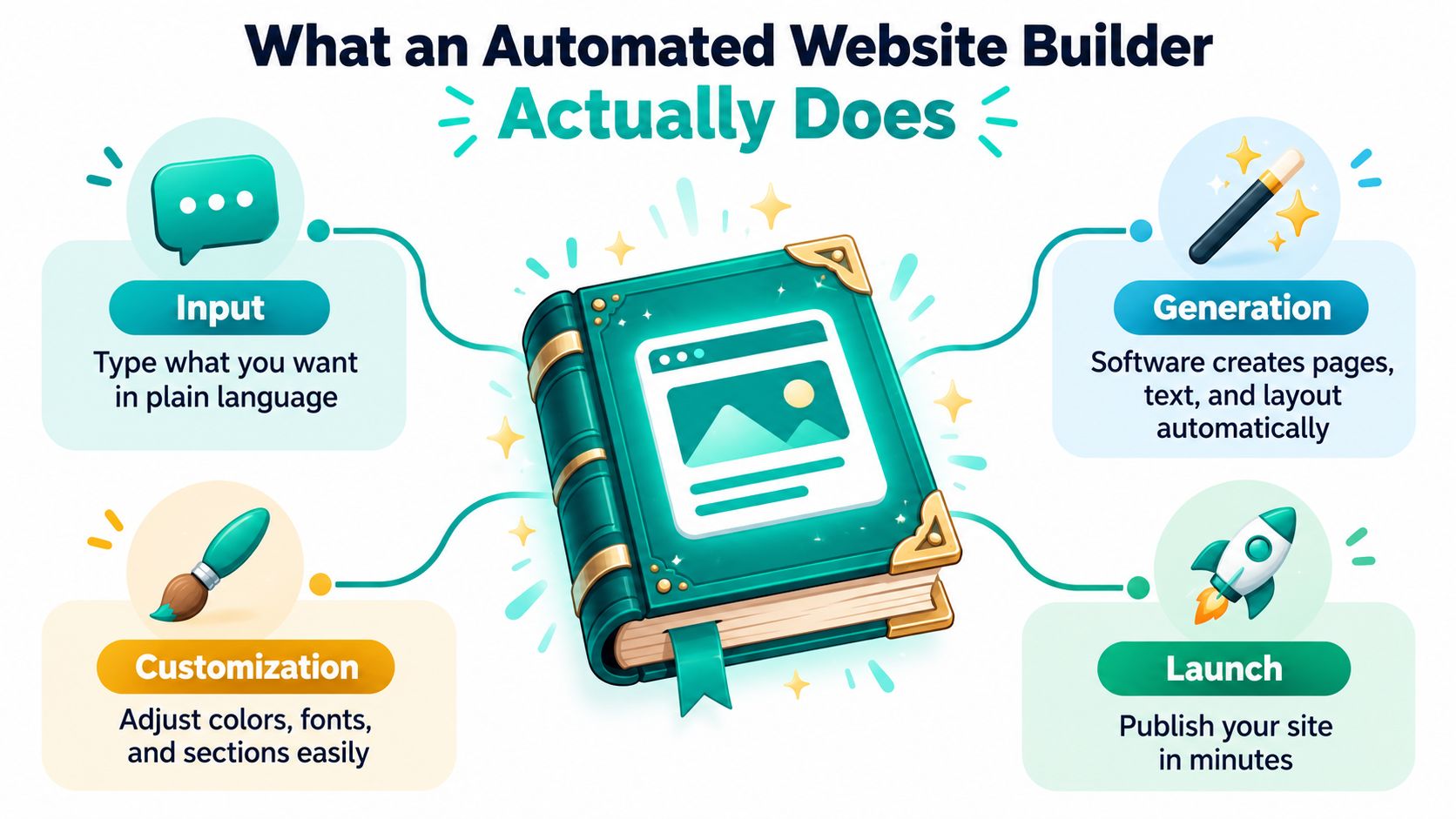 An infographic illustrating the four steps of an automated website builder: input, generation, customization, and launch.