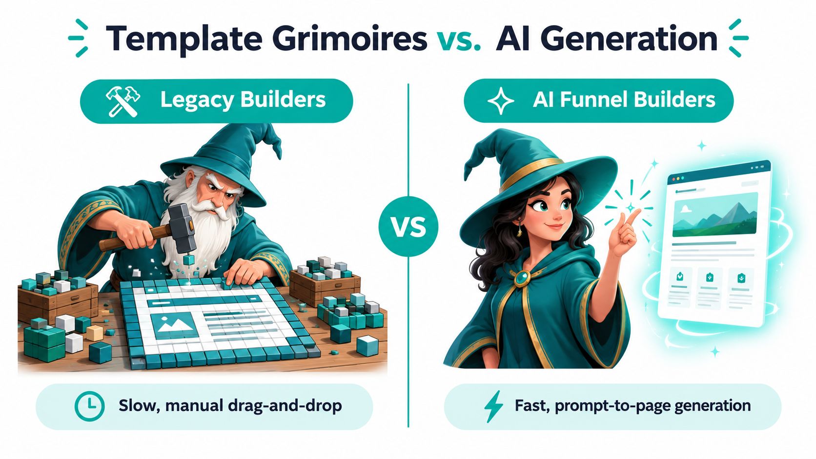 A comparison between manual template design and AI-powered automated funnel building using wizard and magic themes.