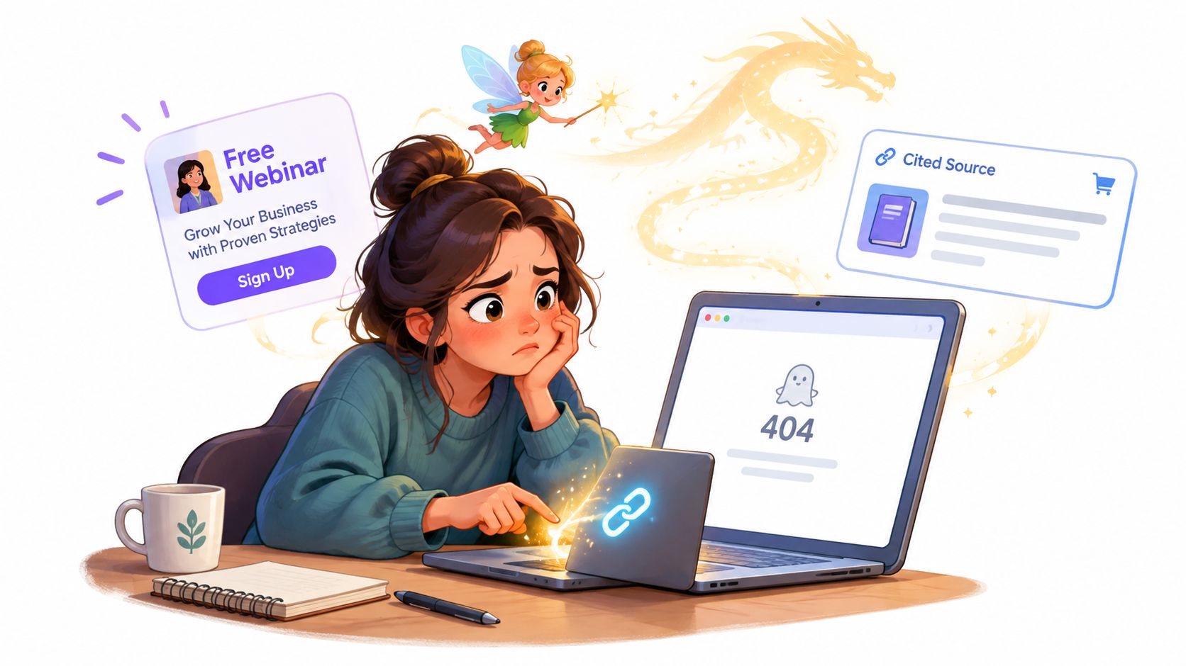 An illustration of a frustrated woman looking at a laptop screen displaying a 404 error message.