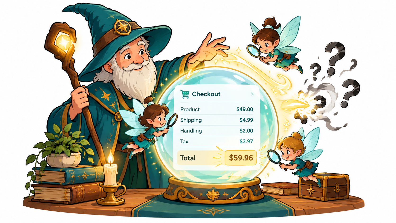 A wizard and fairies look into a crystal ball showing a detailed checkout page with pricing information.
